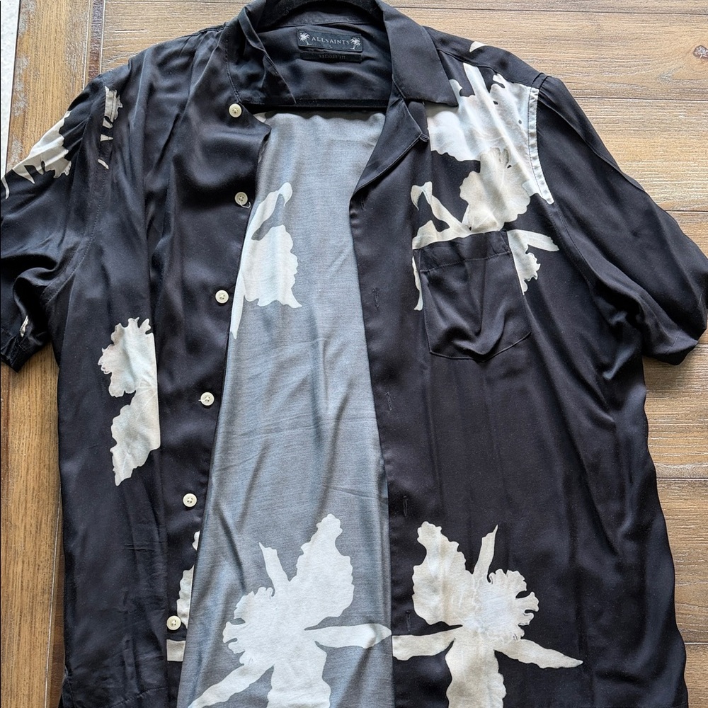 AllSaints Black Short-Sleeve Floral Camp Shirt with Cream Print